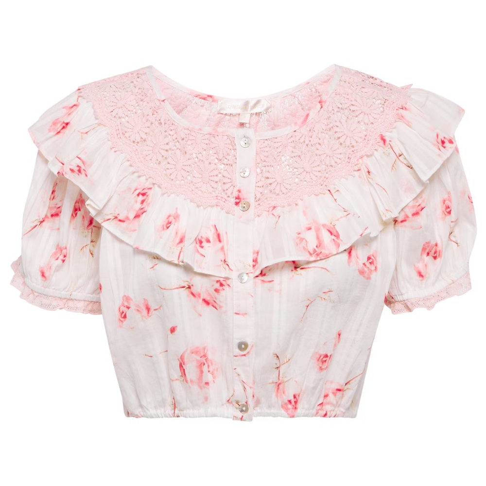 LoveShackFancy Pink Floral Ruffle Blouse